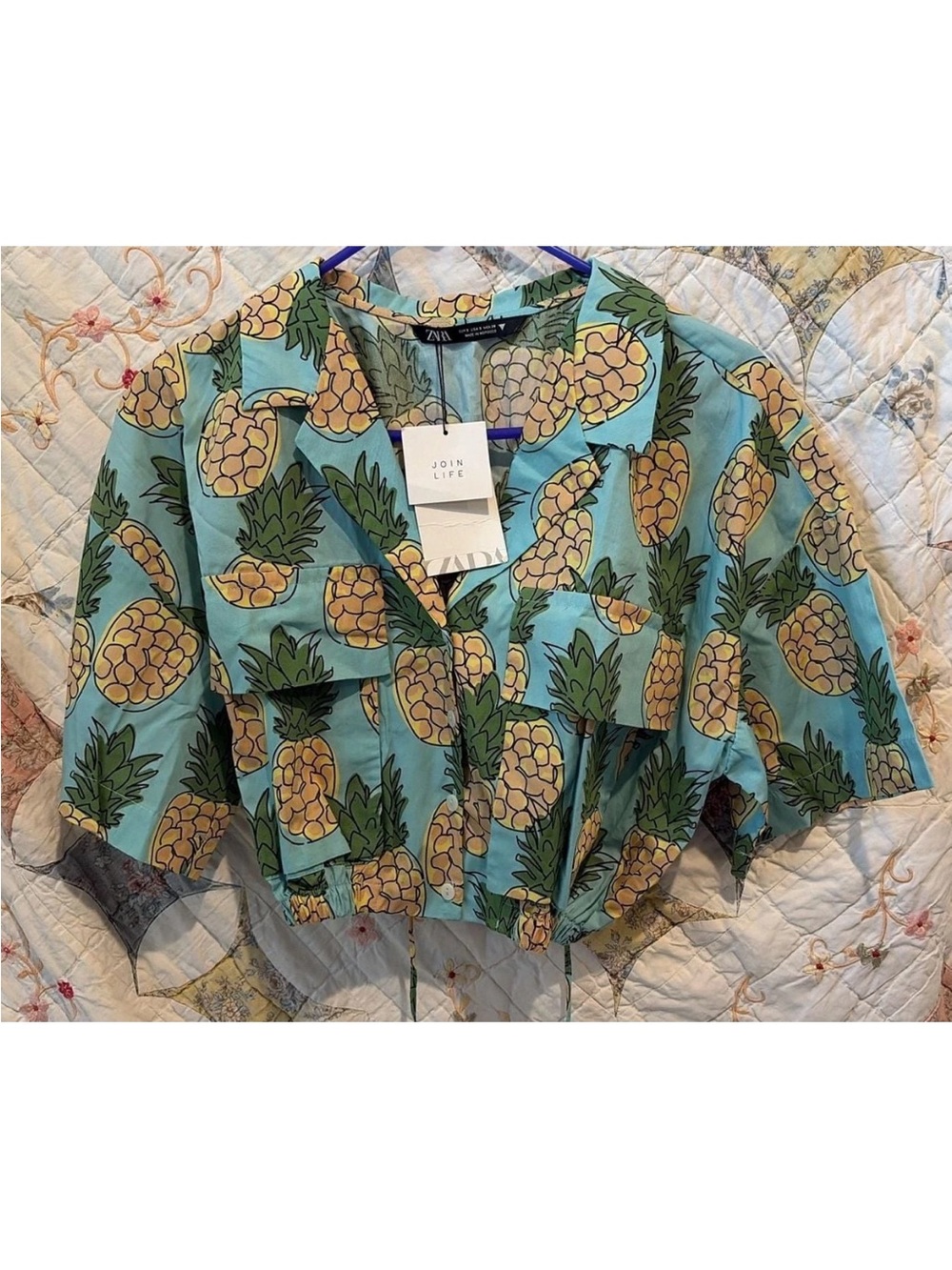 Zara Pineapple Print Crop Top Drawstring Blouse Blue Green NWT